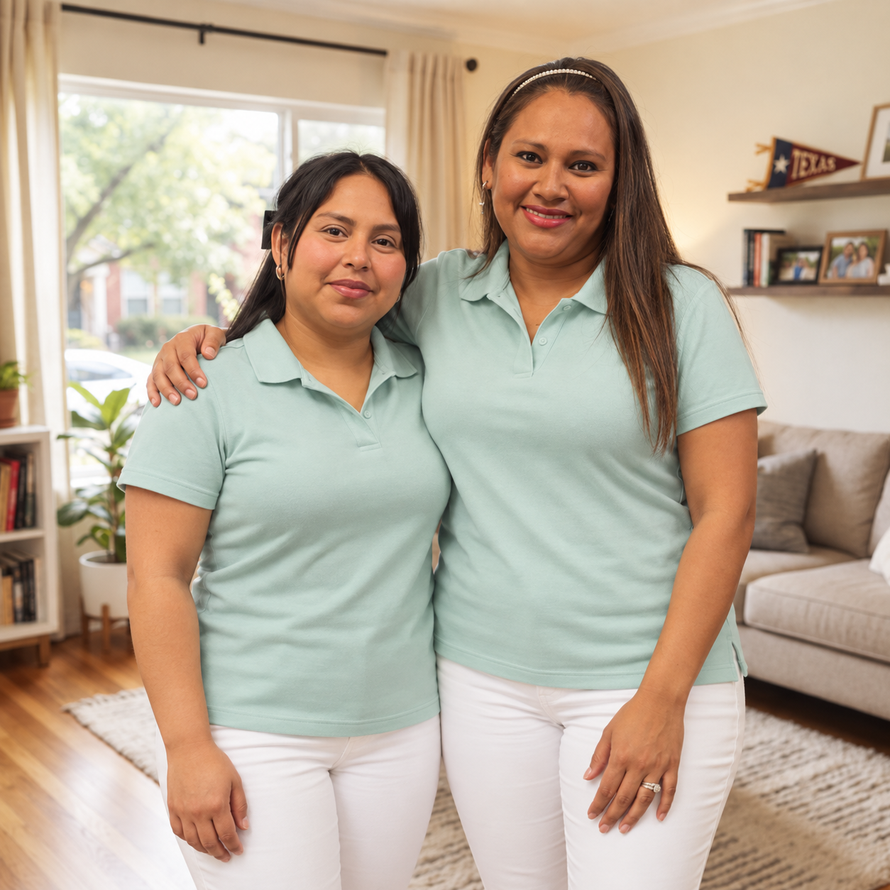 Ana and Jenny standing together in a living room